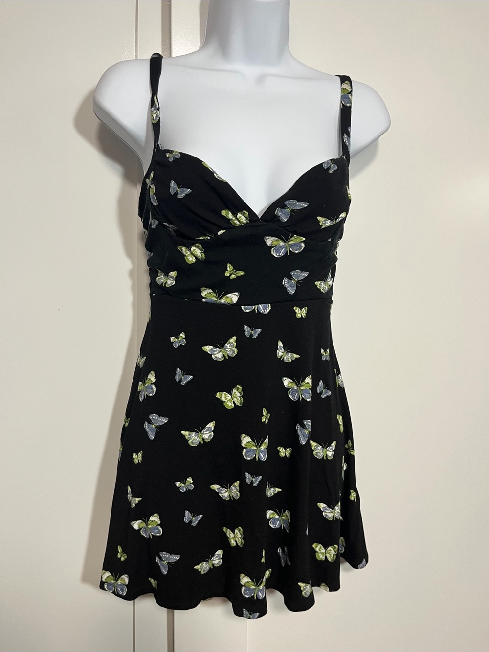 Urban Outfitters Black Mini Dress Butterfly Print Size Small Skater Whimsygoth - Picture 2 of 8